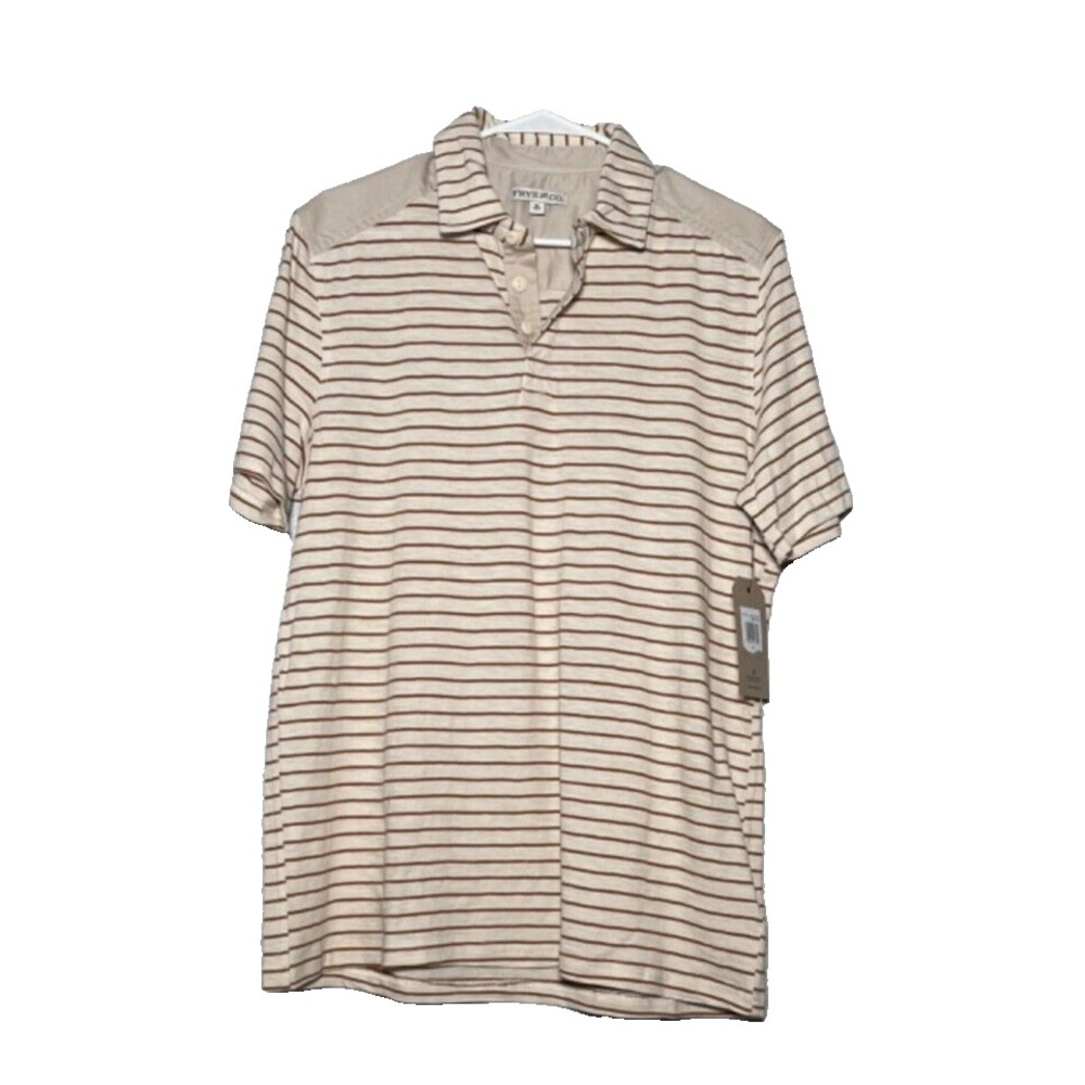 Frye & Co Polo Shirt Men's Medium Beige Striped Short Sleeve Academia Preppy NWT